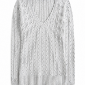 Light Gray V-Neck Longline Cable-Knit Sweater