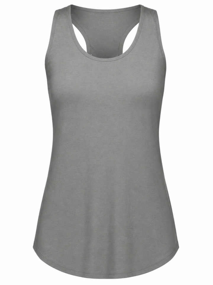 Grey Solid Racerback Tank Top with Scoop Neck and Curved Hem