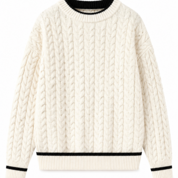 Cream Cable-Knit Sweater with Black Striped Trim
