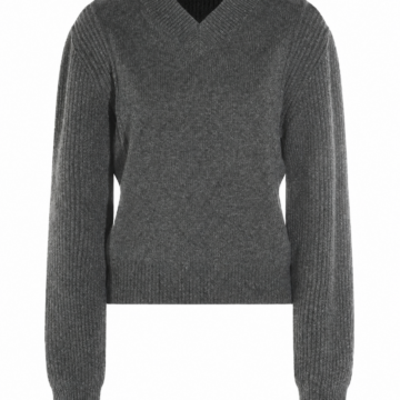 Heather Grey Ribbed Knit Sweater with V-Neck and Long Sleeves