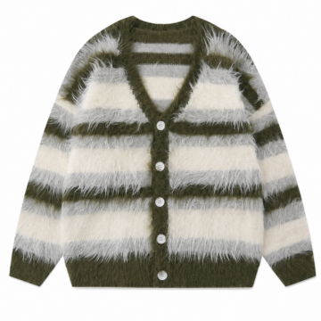 Olive Off-White Grey Striped V-Neck Cardigan