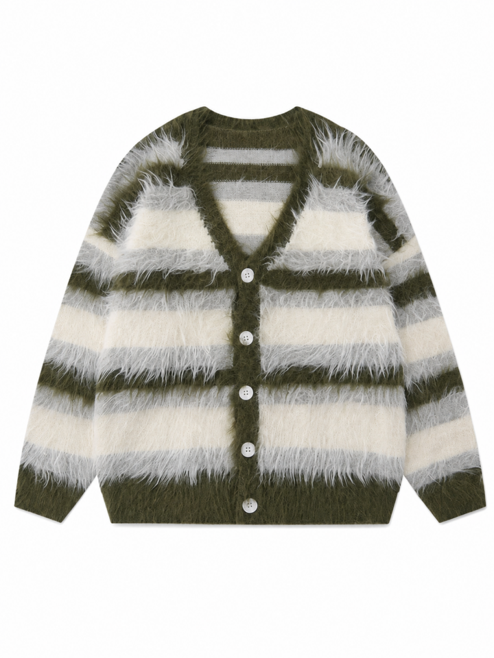 Olive Off-White Grey Striped V-Neck Cardigan