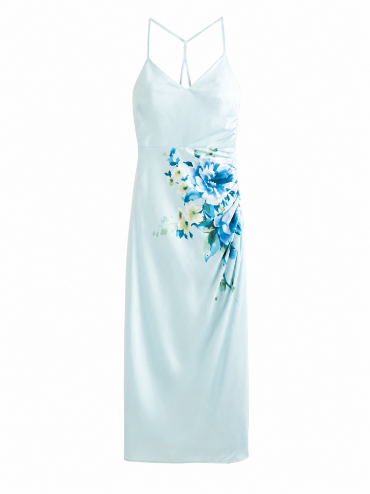 Blue Floral Print Sleeveless V-Neck Midi Dress