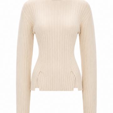 Cream Slim Fit Ribbed Knit Sweater with Mock Neck and Side Slits