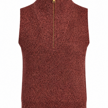 Maroon Sleeveless Knit Top with Mock Neck and Quarter-Zip