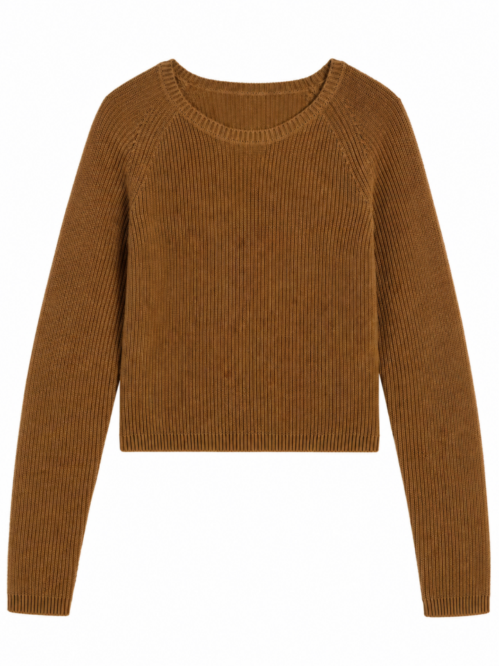 Brown Cropped Rib-Knit Sweater