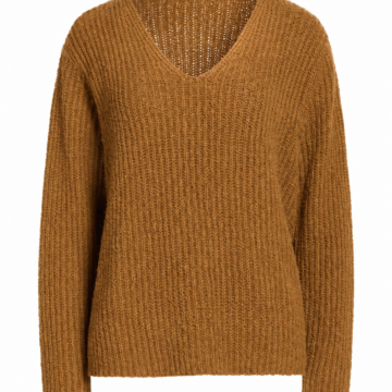 Camel V-Neck Relaxed Fit Ribbed Knit Sweater