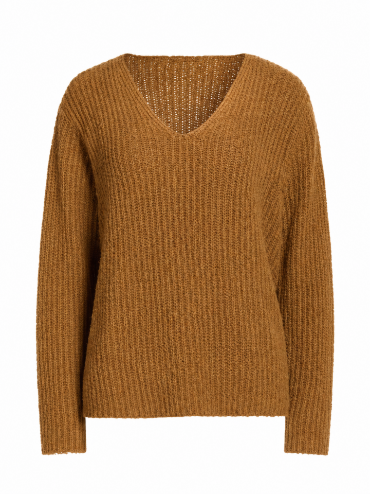 Camel V-Neck Relaxed Fit Ribbed Knit Sweater
