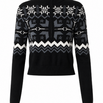 Black Mock Neck Zip Sweater with Snowflake Pattern