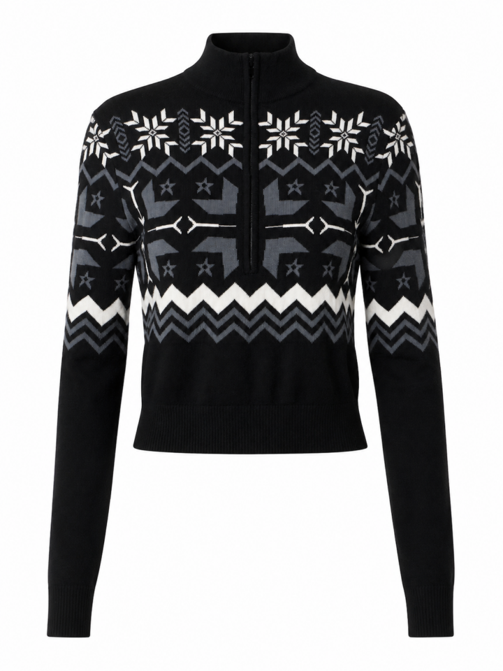 Black Mock Neck Zip Sweater with Snowflake Pattern