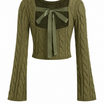 Olive Green Cropped Cable Knit Bow Top
