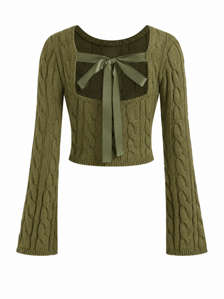 Olive Green Cropped Cable Knit Bow Top