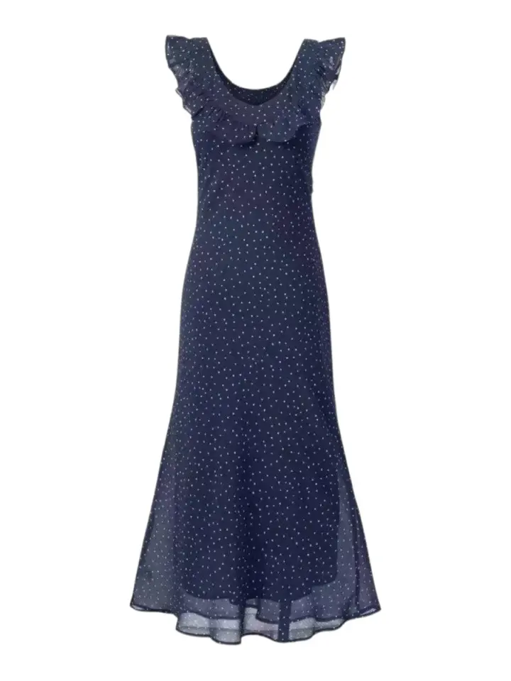 Navy Polka Dot Ruffled Maxi Dress