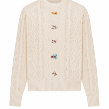 Cream Diamond Cable-Knit Sweater with Insect Embroidery