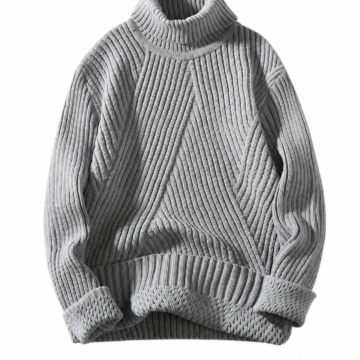 Heather Grey Oversized Turtleneck Sweater with Geometric Pattern