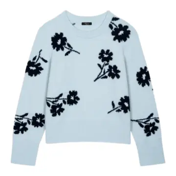 Light Blue Crewneck Sweater with Black Floral Motifs