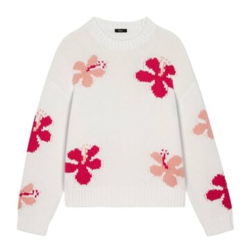 White Oversized Knit Sweater with Pink Hibiscus Pattern