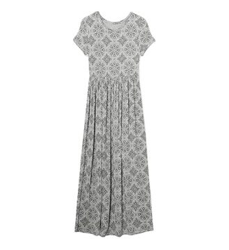 Grey Heathered Knit Short-Sleeve Maxi Dress with Medallion Print